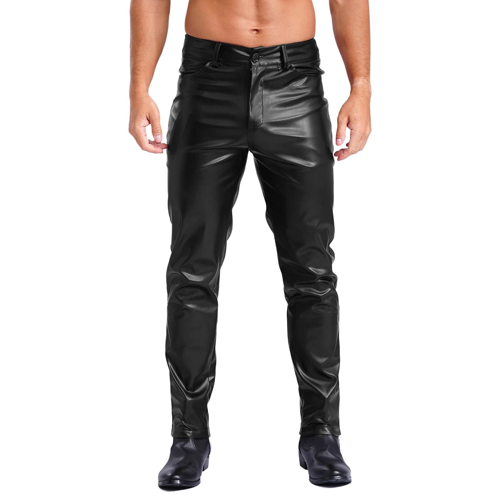 Men Oil Glossy Patent Leather Skinny Jeans High Waist Solid Color Pencil Pants Trousers for Band Motorcycle Music Party Costumes