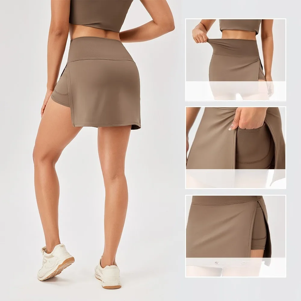Ladies 2-in-1 Quick Dry Tennis Skort High Waist Side Split Anti-Exposure Yoga Fitness Running Sports Short Skirt