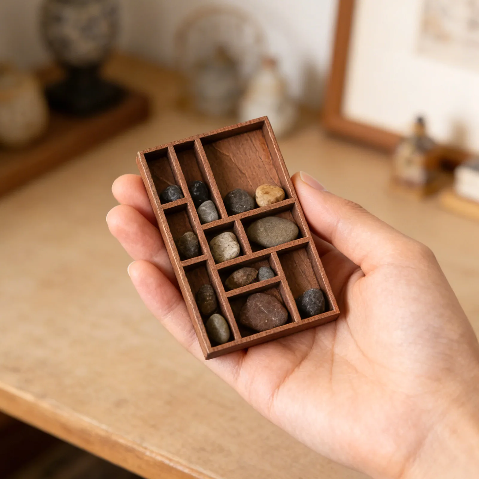 Wooden Mini Jewelry Holder Miniature Crystal Specimen Storage Jewelry Display Tray Multi Compartments Dollhouse Shelf