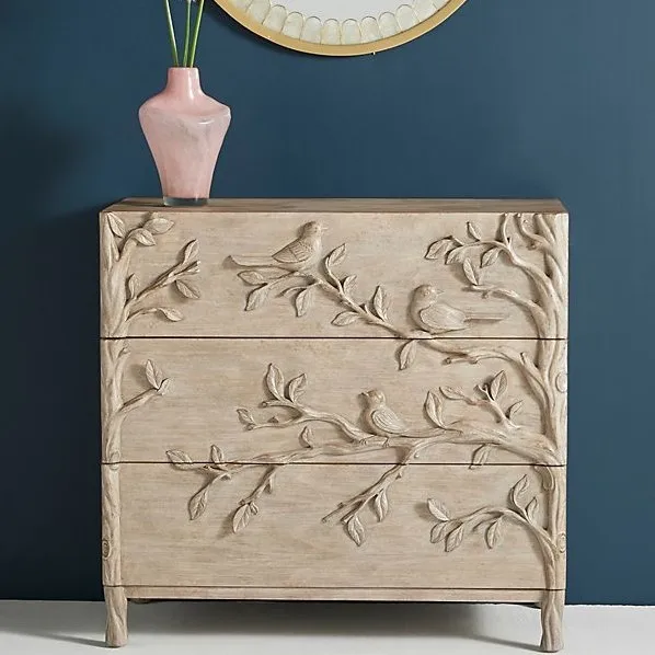 

French solid wood carved three-bucket cabinet retro old drawer cabinet bedside table