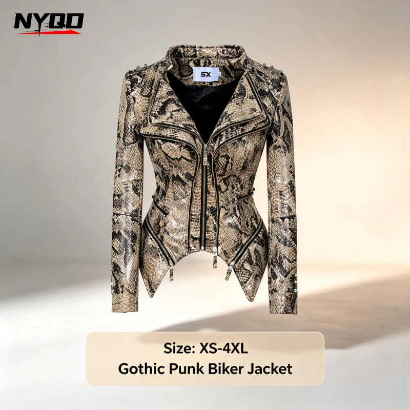 Women Gothic Punk Motorcycle Jacket Print Rivet Washed Faux Leather Coat Slim Fit Waist Irregular Hem Zipper Biker Outerwear