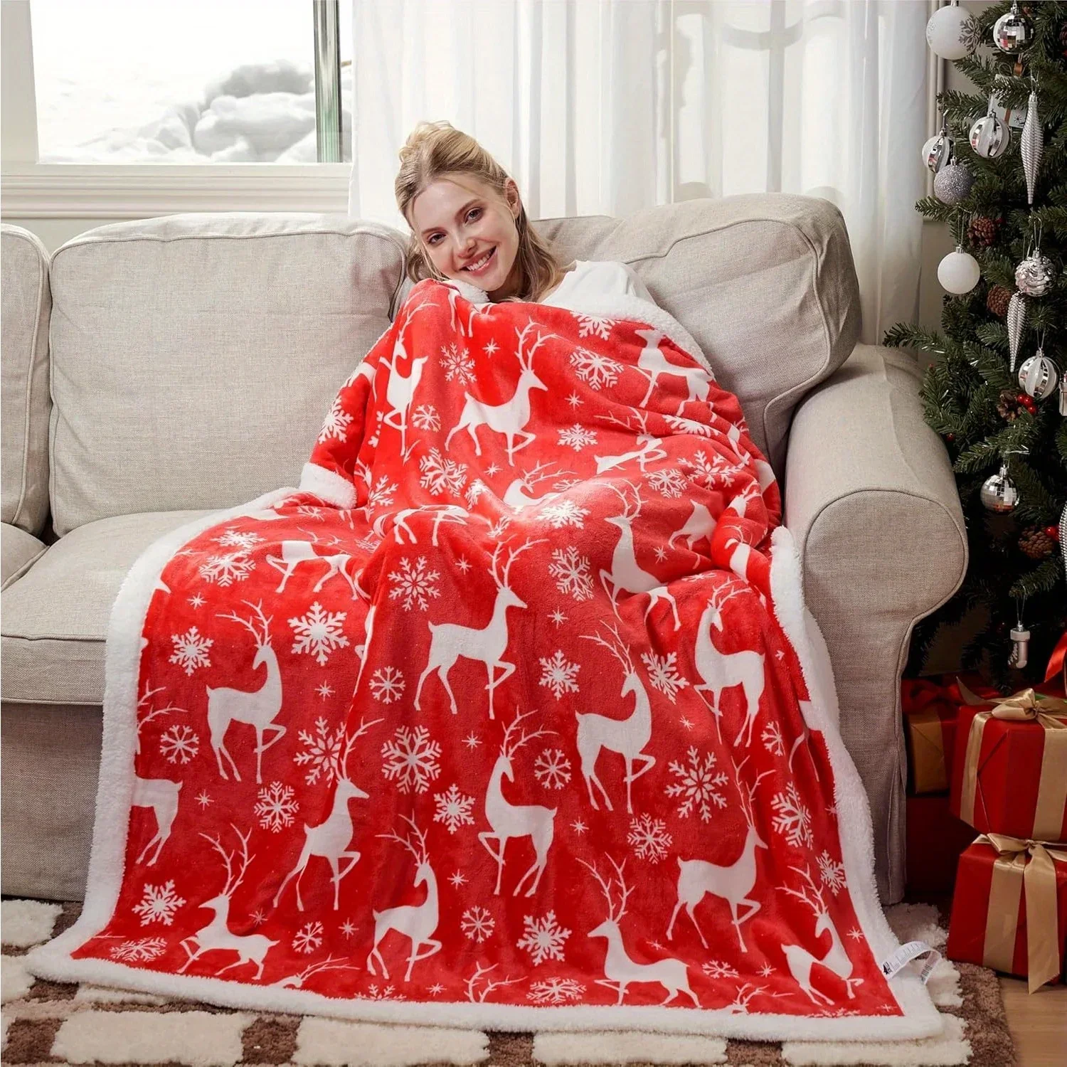 

Red Plaid Sherpa Noel Blanket Fluffy Reversible Warm Plush Holiday Decorative Blanket For Winter Cozy Blanket