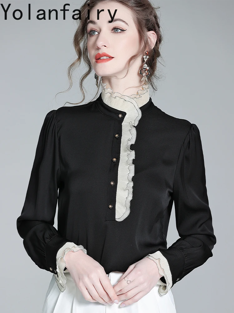 YOLANFAIRY 95% chemisiers en soie de mûrier véritable pour femme automne élégant chemises à manches longues femme Chic haut noir chemisier de Style coréen