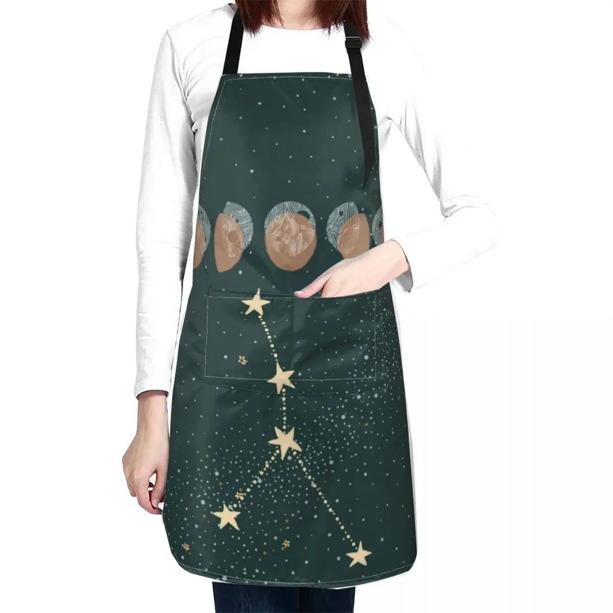 Cancer Moon phases night sky. Horoscope art Apron for women with pocket Kitchen For Women Apron