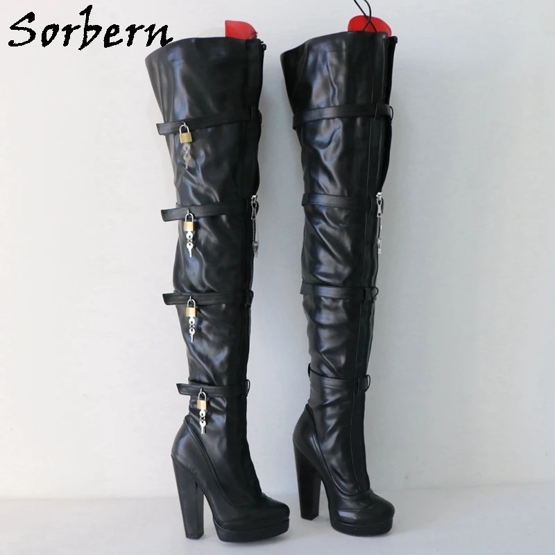 

Sorbern Black Long Boots Women With Locks Red Tongue Block High Heels Lockable Zippers Platform Round Toe Shoes Custom Wide Legs