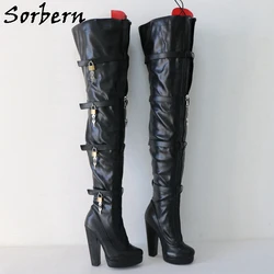 Sorbern stivali lunghi neri da donna con serrature Red Tongue Block tacchi alti cerniere con serratura piattaforma punta tonda scarpe gambe larghe personalizzate