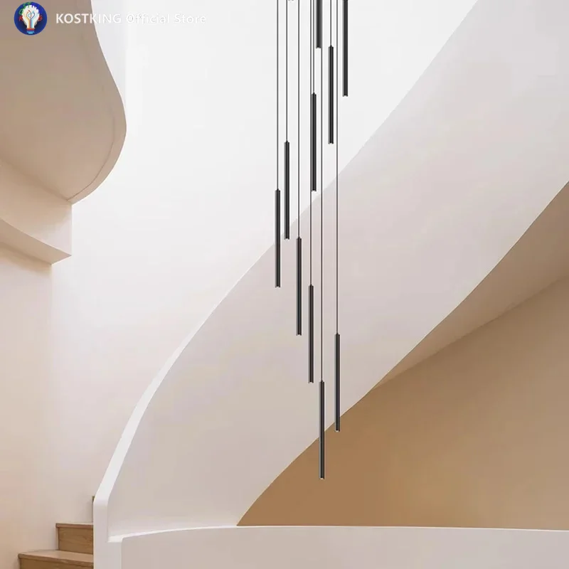 Long LED Pendant Lamp Hanging Modern Living Room Lamp Villa Staircase Pendant Lamp Spotlight Indoor Lighting Tubular Chandelier