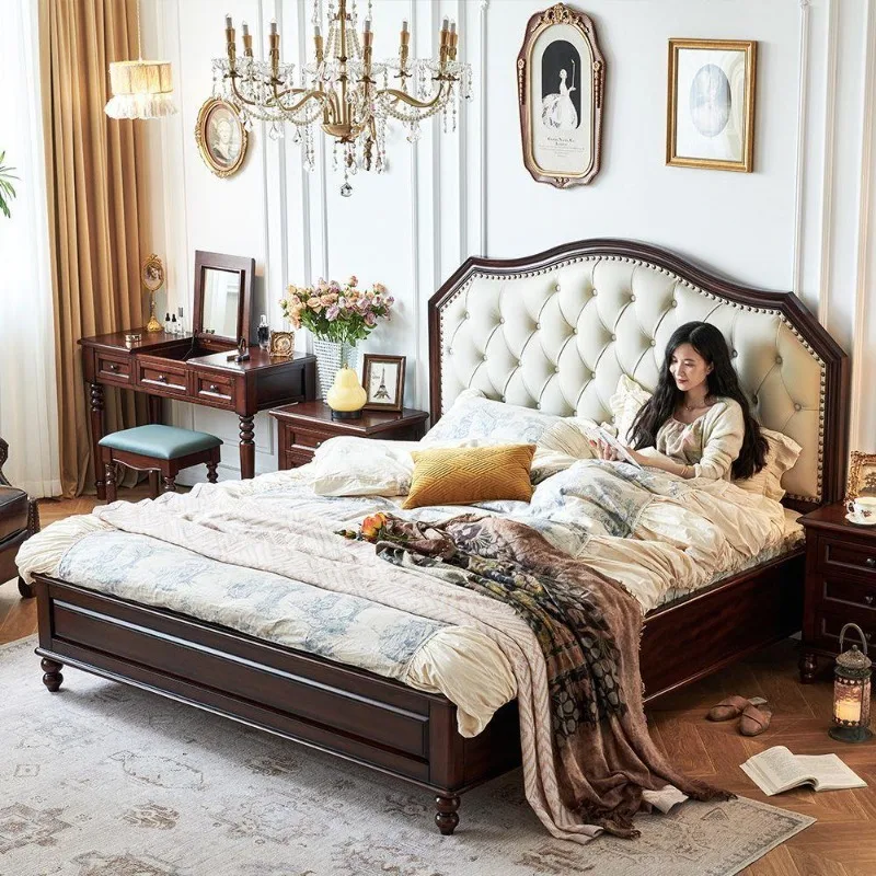 American-style bed: solid wood genuine leather, first-layer cowhide, soft leaner, 1.8 meter double bed, vintage master bedroom