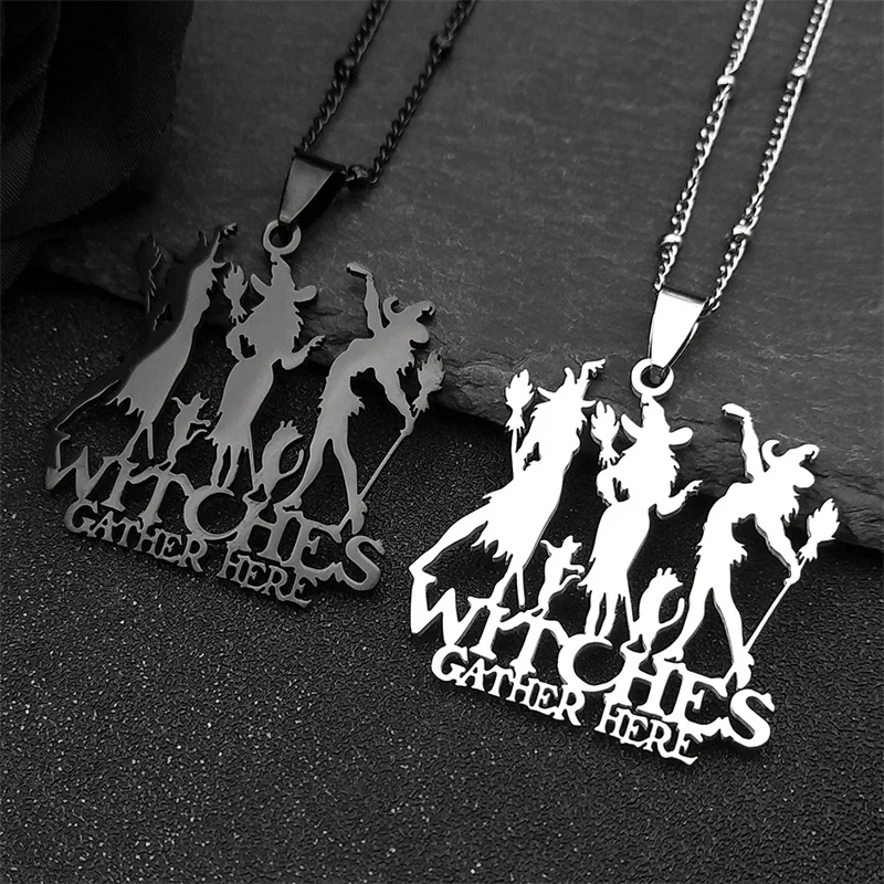 Vintage Gothic Witches Gather Here Metal Sign Pendant Necklace For Women Men Black Color Witchcraft Cat Party Jewelry Gift