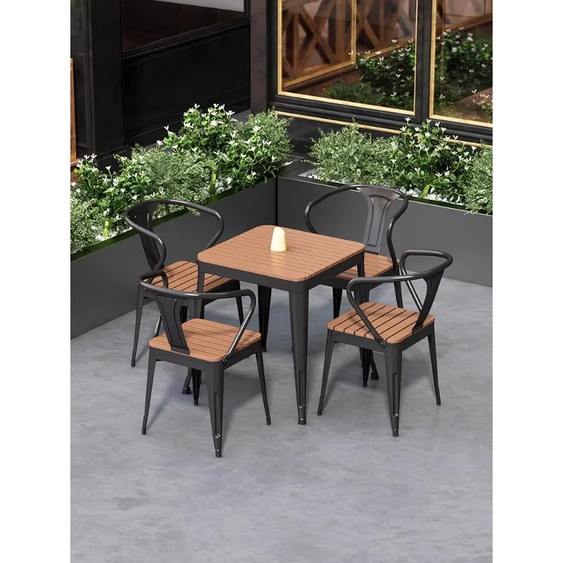 Tables et chaises d'extérieur en plastique et bois, style industriel, jardin, étanche, crème solaire, bar en plein air, restaurant