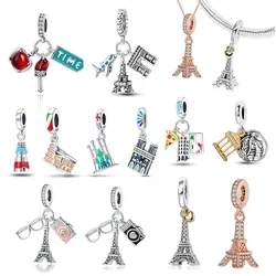 Creative 925 Sterling Silver Eiffel Tower Gold Heart Double Charm Fit DlY Bracelet Necklaces Women's Dating Jewelry Accessories