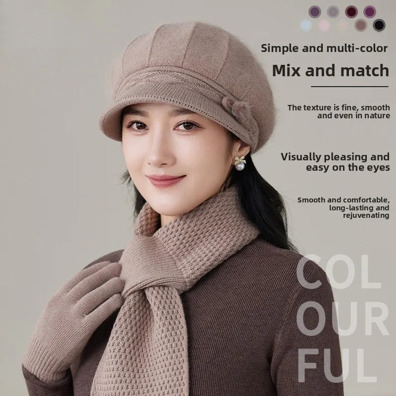 Rabbit Hair Beret Thermal Kit Hat Female Rabbit Hair Blended Winter Plush Thermal Wool Hat in The Elderly Knitted Hat Scarf Set
