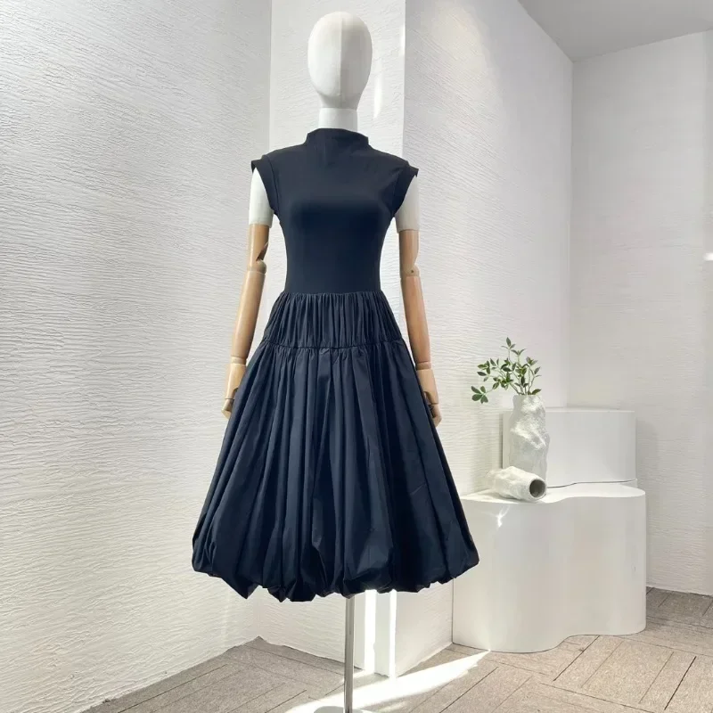 Women's Black Sleeveless Puffy Hem Ruched Midi Stand Collar Dress for 2024 New Ariivals Summer Elegant Dresses