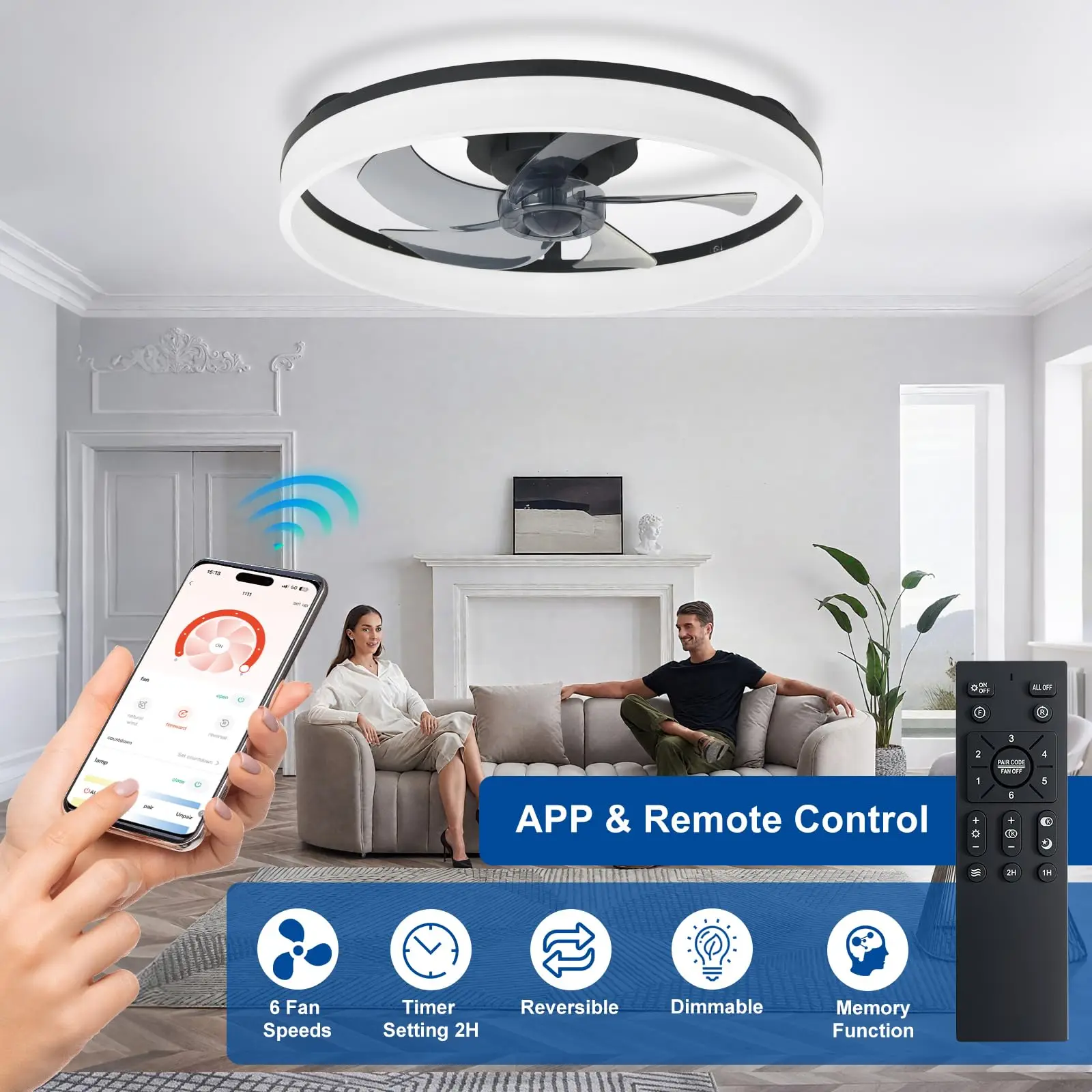 Simple LED Ceiling Fan Light Remote Control with Infinite Dimming 6 Levels of Wind Speed ​​Living Room Bedroom Chandelier Fan