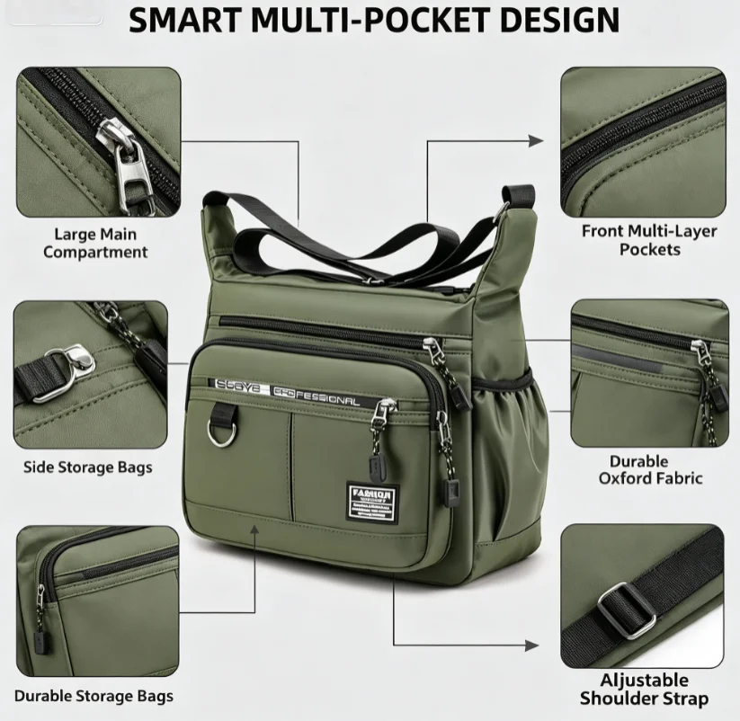 Design Oxford Shoulder Bag Large Capacity Men's Casual Multi-layer Pocket Fashion Single Shoulder Crossbody Luxury Messenger Bag