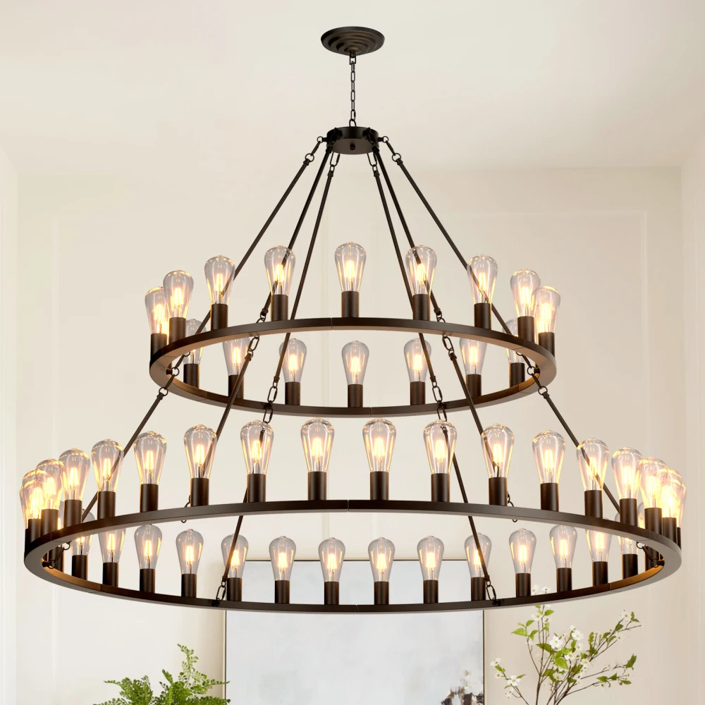 

60 Inch Black 2-Tier54-Light Wagon Wheel Chandelier, Farmhouse Industrial Adjustable Chain