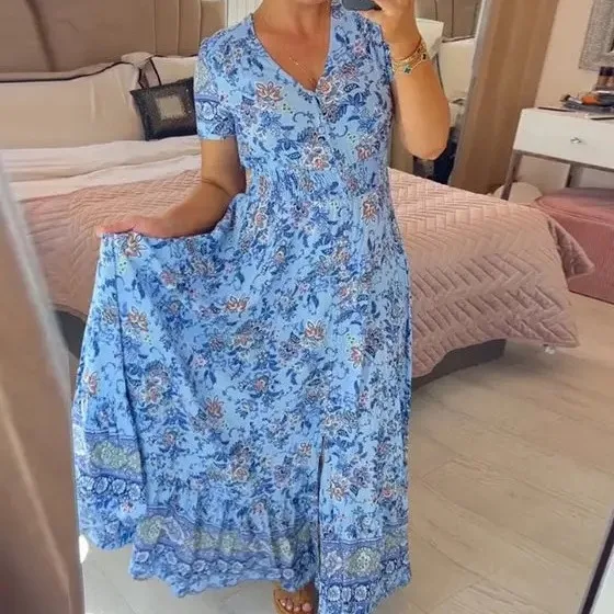 

Beach Beach Holiday Style Women's Dress New High Elasticity Comfortable Women's V-neck Printed Fashionable Dress