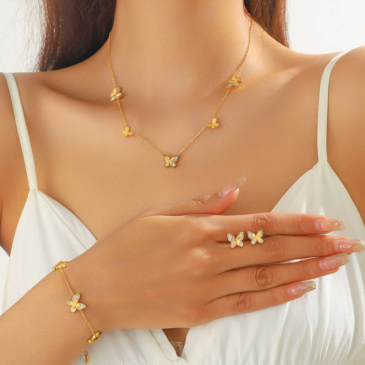 DIEYURO 316L Stainless Steel Golden Elegant White Seashell Butterfly Series Set Necklace Earrings Bracelet Trend Jewelry Gift