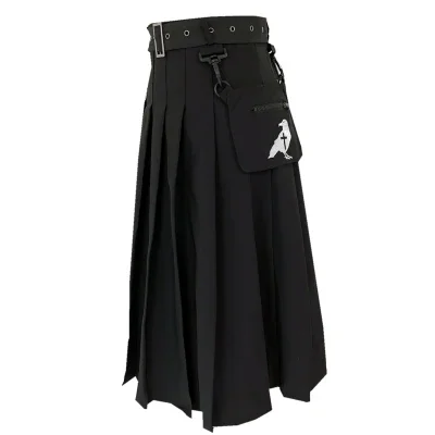 Ruibbit Spring Autumn Preppy style Punk Gothic Girls Harajuku Black Gry Skirt Removable Pocket Chain Woman Pleated Skirts