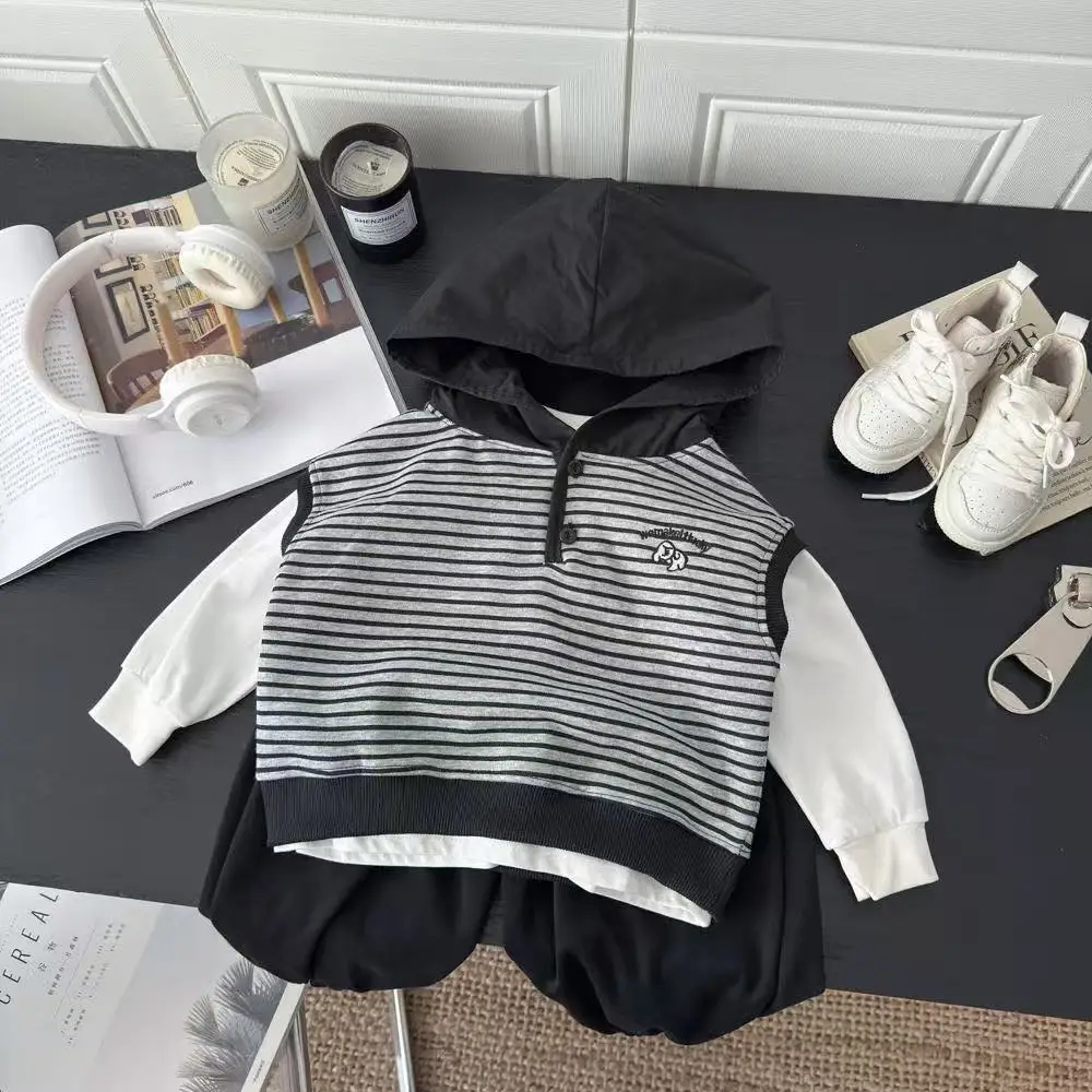 Korean Children's Clothing Set Spring Autumn Kids Casual Infant Outfits New Boys Striped hooded vest + T-shirt + Pants 3Pcs Set