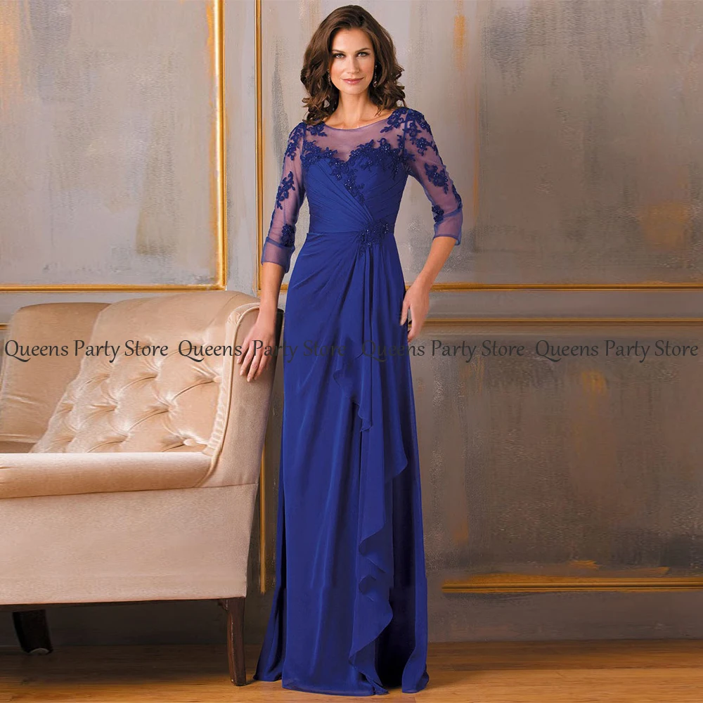 

Elegant Mother Wedding Guest Dresses 3/4 Sleeves Beading Applique Open Back Pleat Chiffon A Line of The Bride Dress