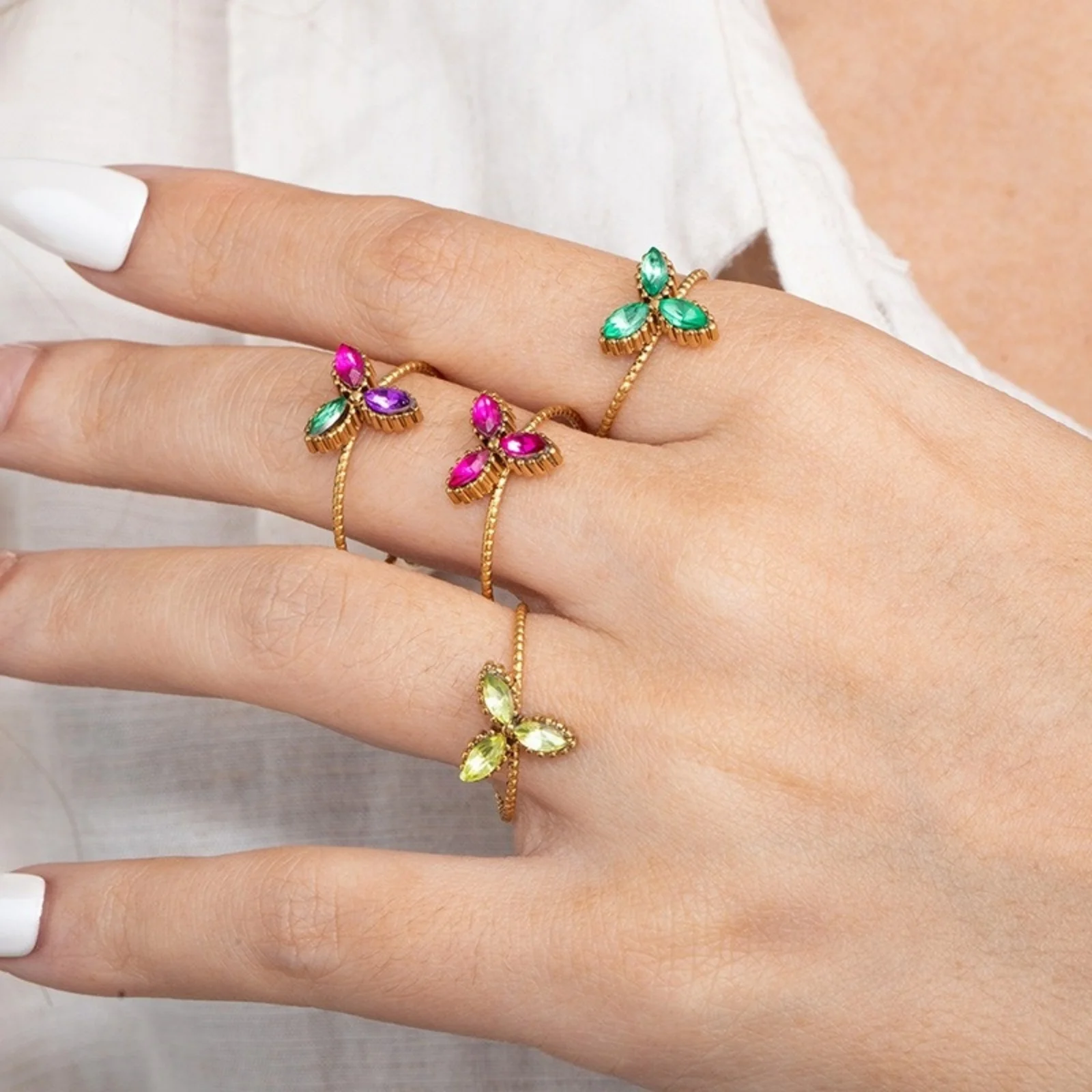 Doreen Box 1pc Exquisite Gold Plated Rings  Stainless Steel Open Adjustable Leaf Clover Shamrock Rings For Women Gift 19.3mm