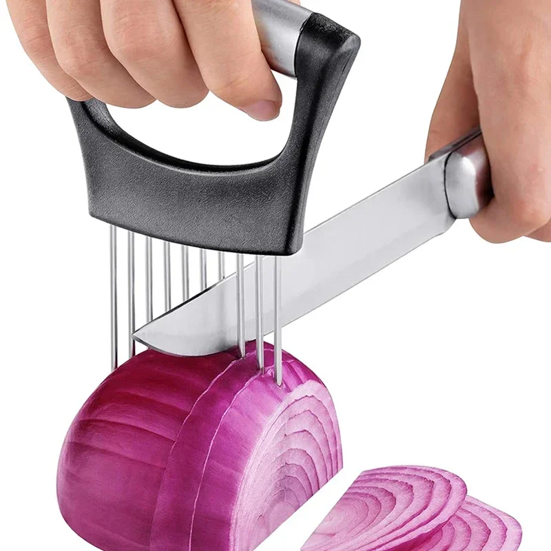 Soğan dilimleyici tutucu patates domates sebze kesici et soğan çatal kesme tutucu gıda dilim yardımcısı aracı mutfak aksesuarları