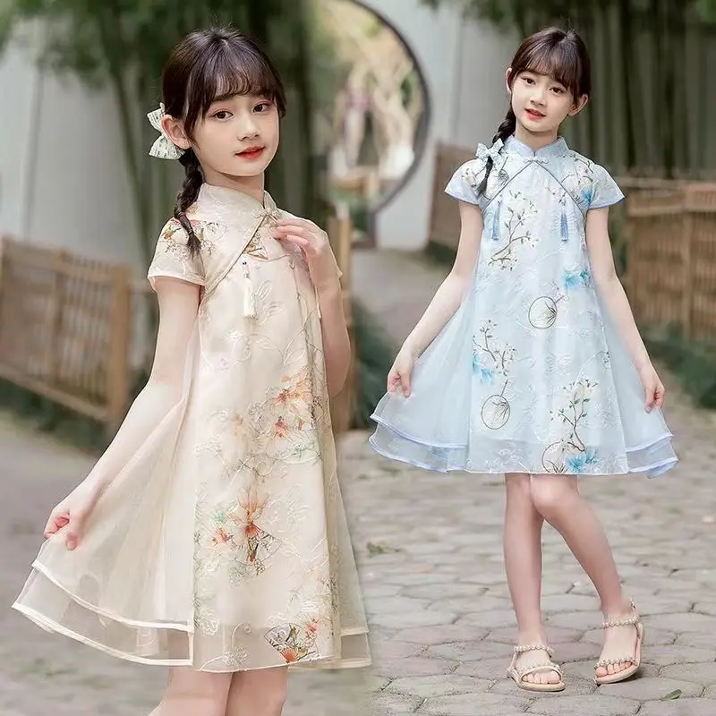 Tang Girls Casual Dresses Chinese Kids Clothes Perform Cheongsams Fashion Girl Hanfu Dress Summer Modern Qipao Baby Vestido 12T