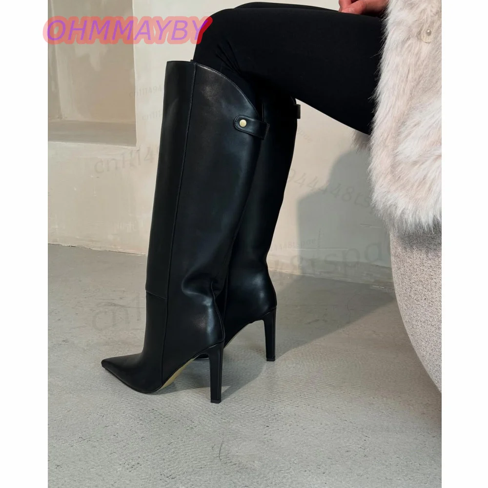 Women Black Knee High Boots Pointed Toe Stiletto Heel Buckle Detail Pull On Sleek Fall Winter Elegant Fashion Dress Party Shoes