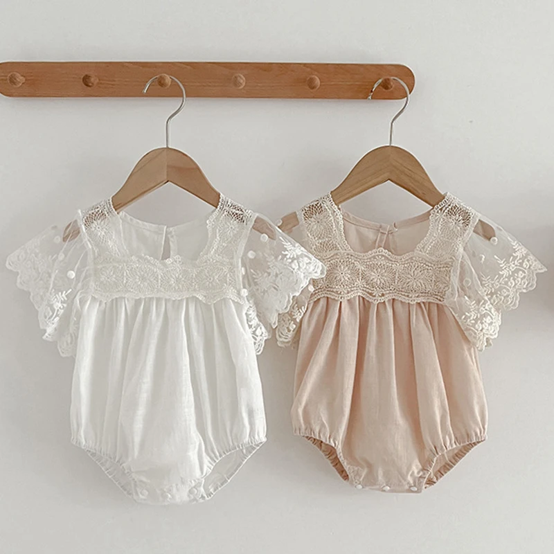 Summer Toddler Baby Girls Rompers Princess Bodysuit Solid Color Girls Jumpsuits Girls Lace Rompers Puff Sleeve Toddler Clothing