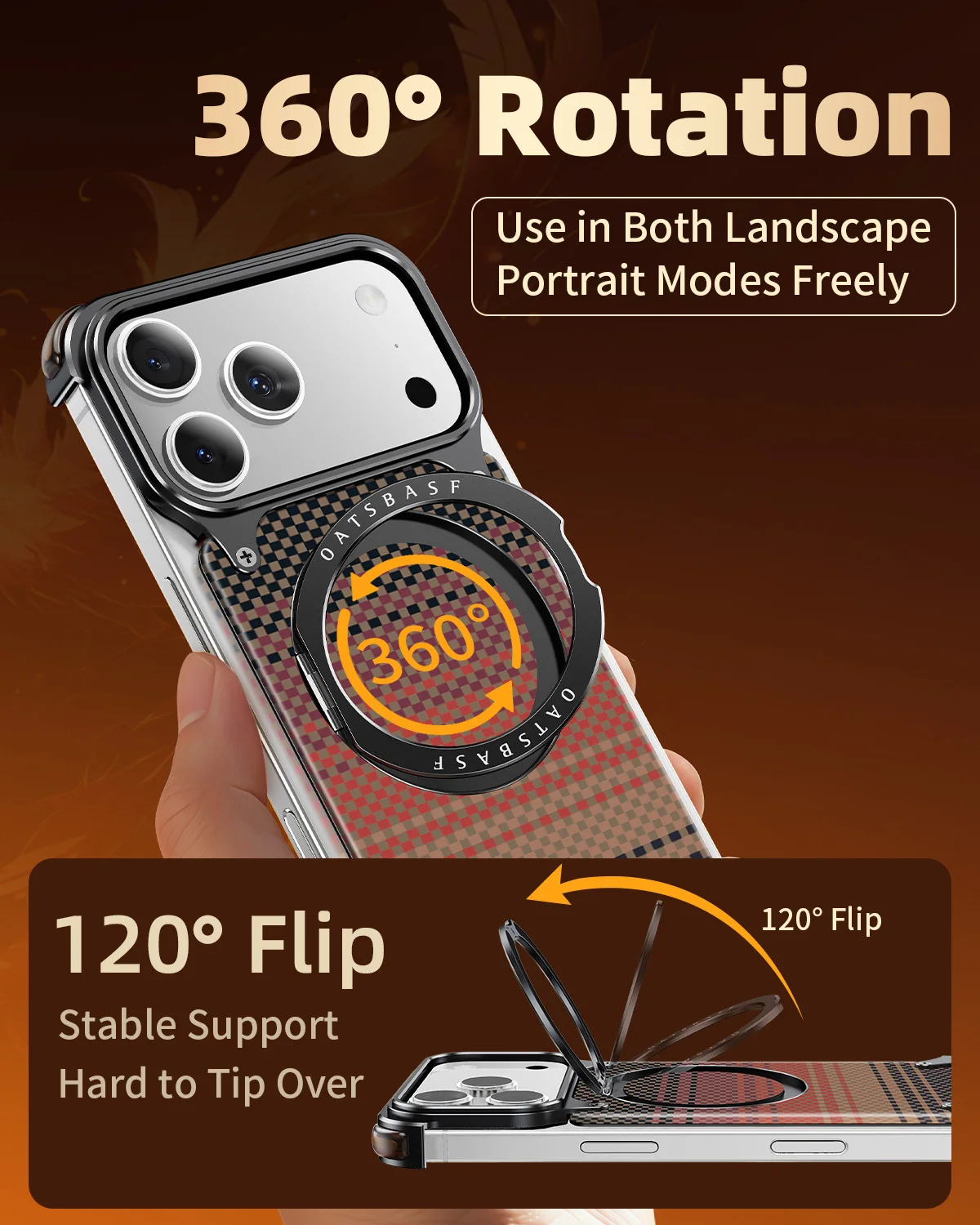 Oatsbasf Strukturierte Handyhülle aus Kohlefaser für iPhone 17 Pro/Pro Max/Air mit Ringständer 360 ° Drehbare magnetische stoßfeste Abdeckung