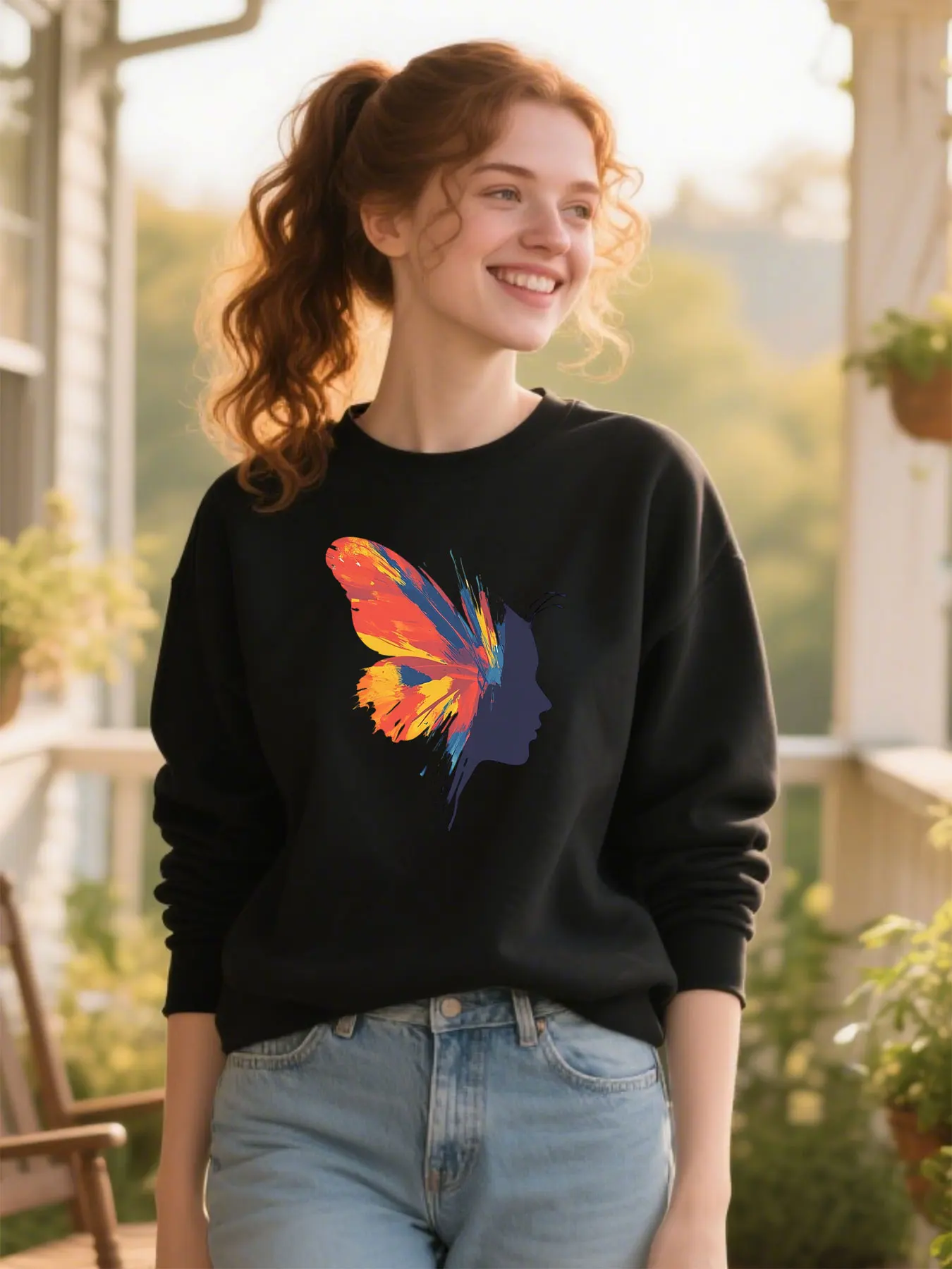 

Colorful Butterfly Human Face Print Cotton Crewneck Sweatshirt Memorial Day Gift​