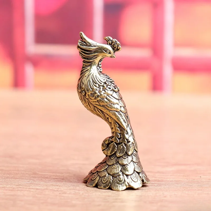 Vintage Brass Peacock Figurine, Standing Peacock Statue with Detailed Feathers, Mini Desktop Ornament, Tea Pet Home Decor Craft