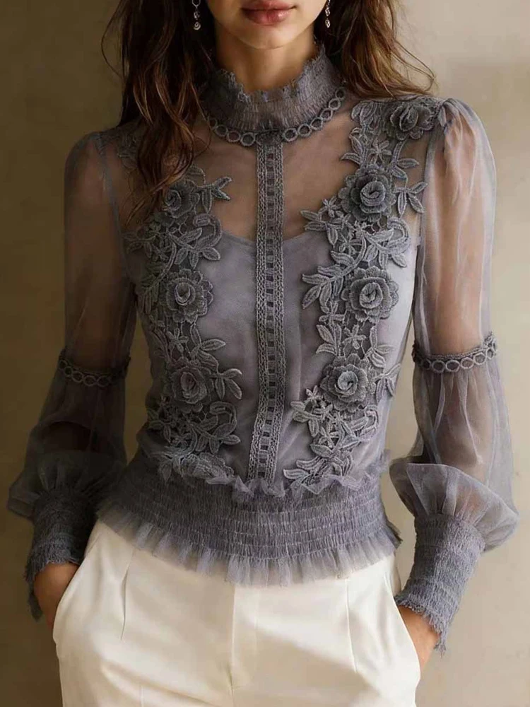 Elegant Solid Color Spring Summer New Tops Lady Stereoscopic Floral Mesh Women's Shirts Casual Long Sleeve Slim Commute Blouse