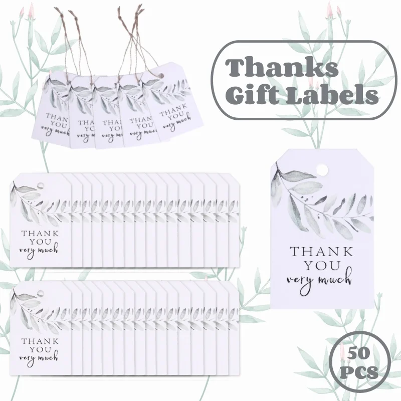 

50pcs Thank You Card For Guests Gift Labels With Ropes Leaves Decorative Cardboard Tags Birthday Party Wedding Gift Package Tags