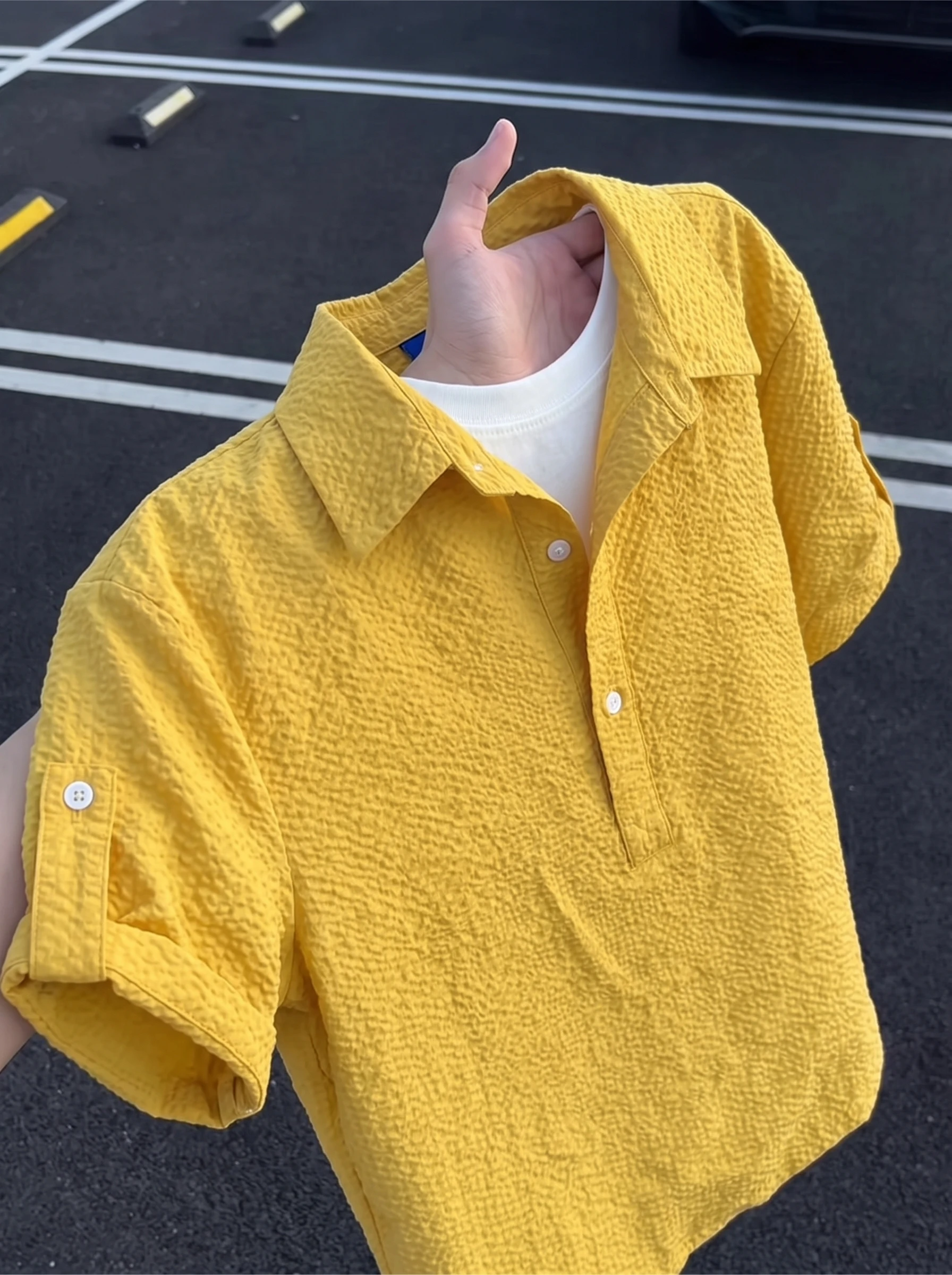 Lemon Yellow Men's Short Sleeve Bubble Shirt Lightweight Summer Sun Protection Outerwear Flip Collar T-Shirt CleanFit Style