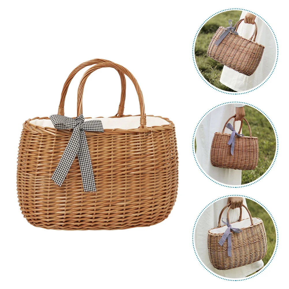 

1Pcs Handwoven Rattan Basket Portable Storage Basket Flower Pot Holder Rustic Home Decoration Picnic Fruit Holder