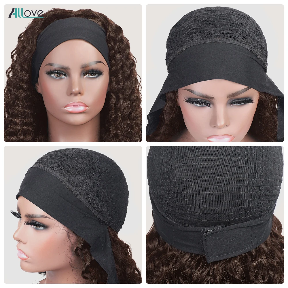 Allove #4 Brown Headband Wig Full Machine Made Wigs Deep Wave Brazilian Remy 100% Human Hair Scarf Wig For Women Deep Curly image 5