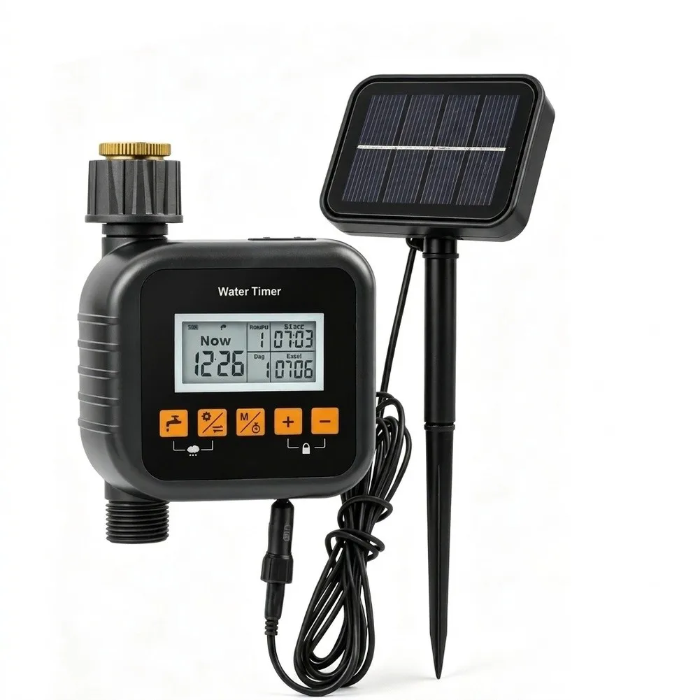 Outdoor Solar Powered Irrigation Timer with Rain Sensor for Garden Hose Featuring 9 Time Settings and IP54 Rating