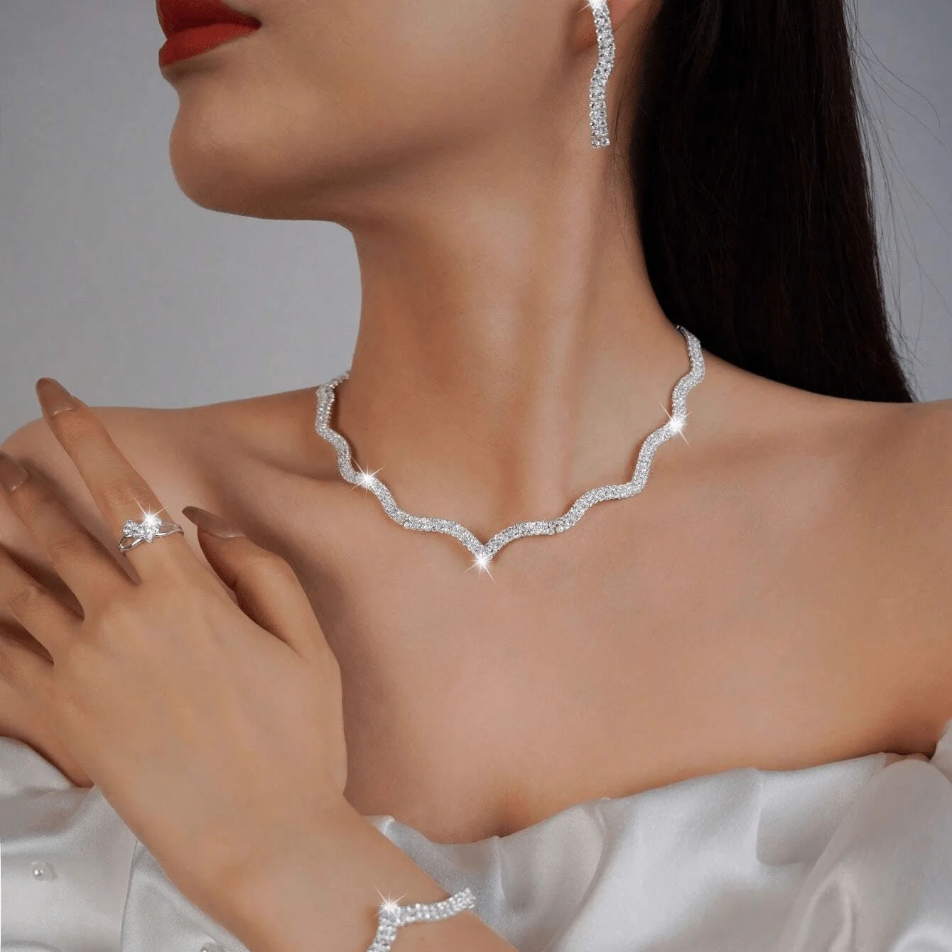 Luxurious water ripple gemstone necklace, bracelet and earring set, crystal fine jewelry for women, wedding party wear