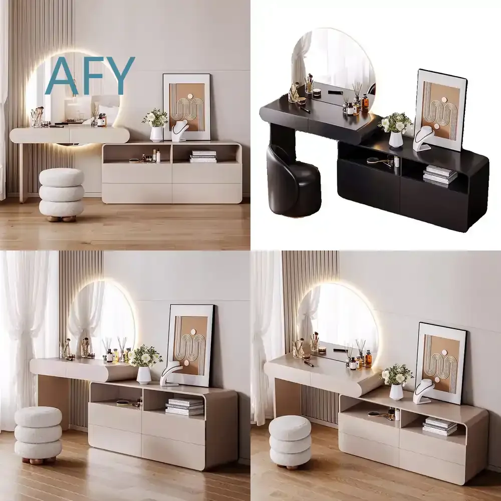 Luxury Wood Dressing Table with Storage Cabinet for Bedroom Living Room Modern European Design High End Cream Finish Vanity