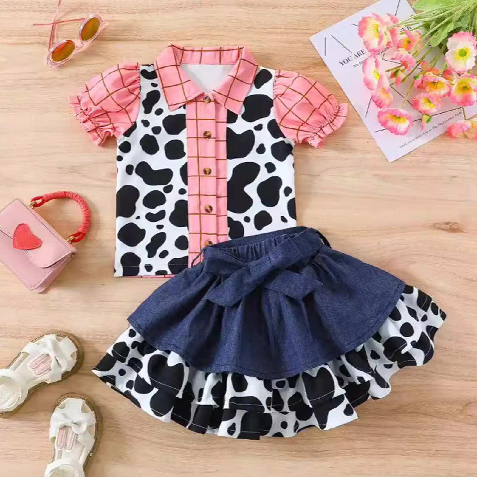 Western Cowgirl Outfits Kids Girls Cosplay Costume 2-Piece Sets Cow Print Shirt with Skirt Suit Halloween Themed Party Dress