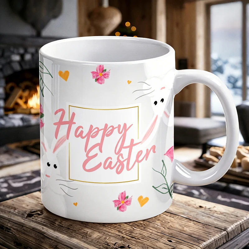 

Watercolor Happy Easter Bunny Ceramic Mug, Cute Floral Rabbit Print Coffee Cup, Milk Cup, Drinking Cup, Gift for Friends