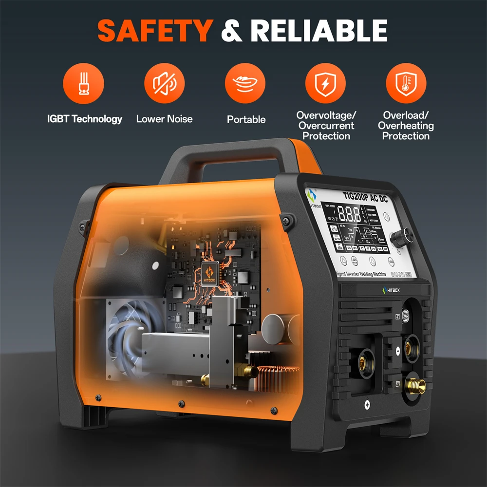 HITBOX TIG200P AC/DC Aluminium-Schweißgerät 220V 200 Ampere Intelligente Inverter-Schweißmaschine MMA/HF TIG 2T/4T Punktschweißen Arc Force Hot Start AC Balance Stick Argon Präziser Digitaler Puls-TIG-Schweißer für Edelstahlblech, Kupfer, Gusseisen – Detail 8