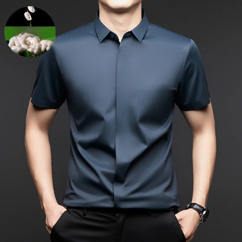 

Men's Short Sleeve Silk Shirt Casual Elastic Business Lightweight Summer Fashionable Plain Color Slim Fit Chinese Production