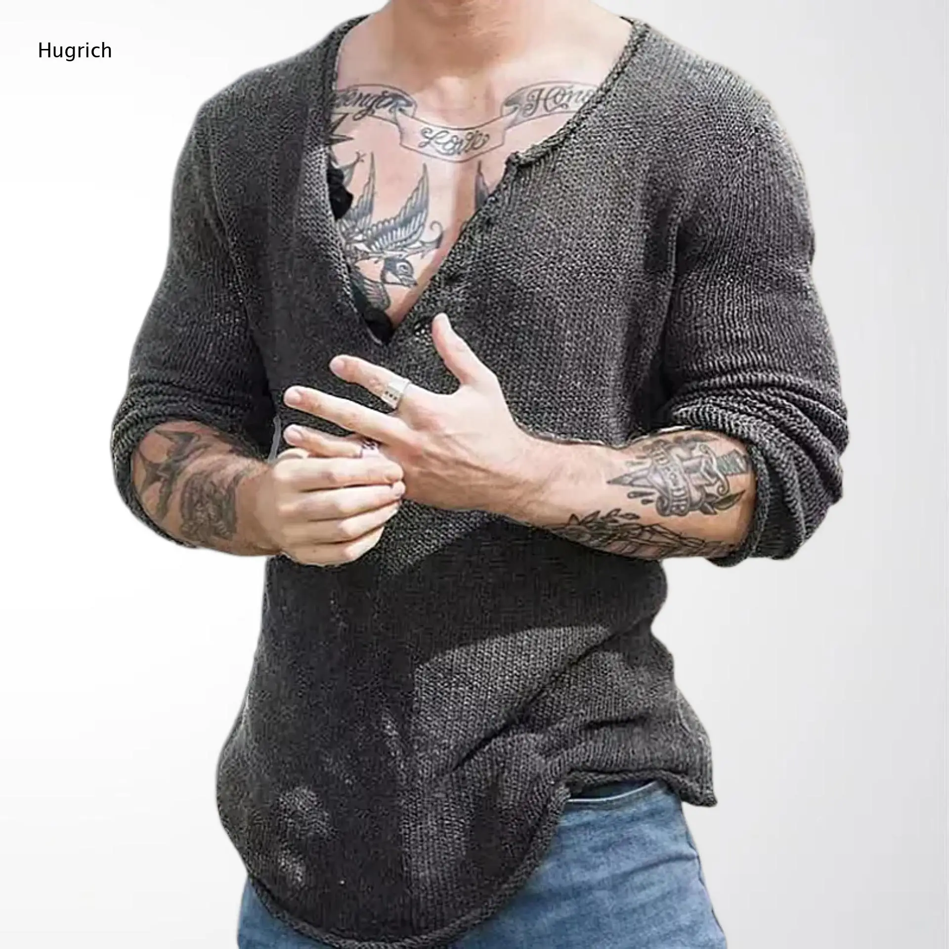 Men's Breathable Slub Knit Raw Fray Edge Deep V Neck Irregular Curved Hem Sweater
