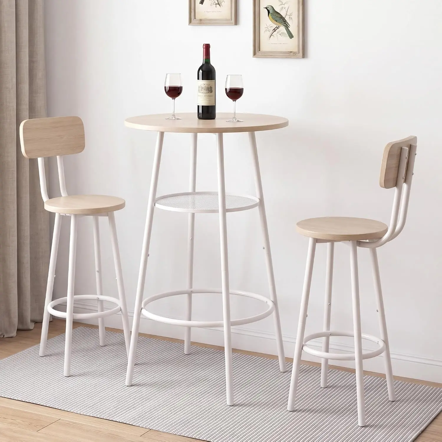 Round Bar Table and Chair Set for 2, 3 Piece, White Oak, Customized