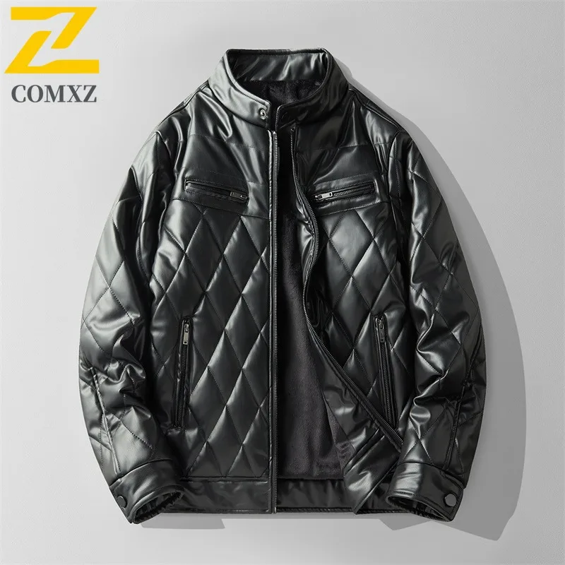 

Men's Winter Thickened PU Leather Windbreaker Korean Style Motorcycle Coat Windproof Quilted Parka Thermal Puffer Bomber Jacket
