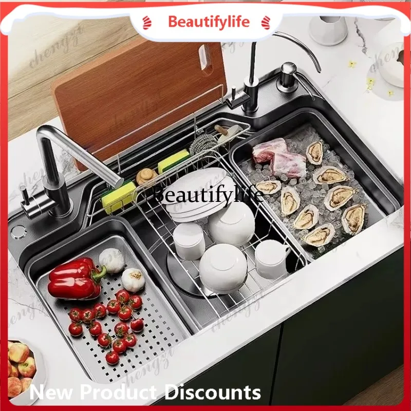 E182 French Multifunctional Sink Household Undercounter Basin Stainless Steel Japanese Large Single Sink Gun Black