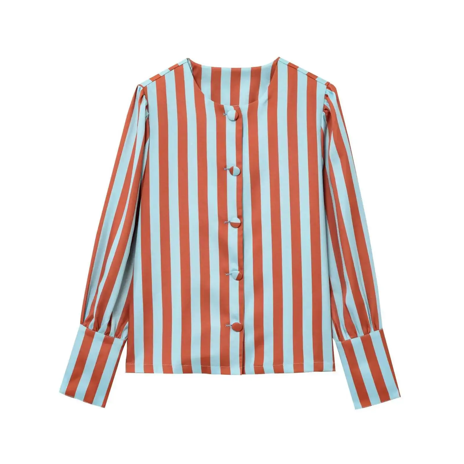 2025 Spring Summer Women's Striped Blouse O-Neck Long Bubble Sleeve With Buttons Shirt Fashionable Chic Tops